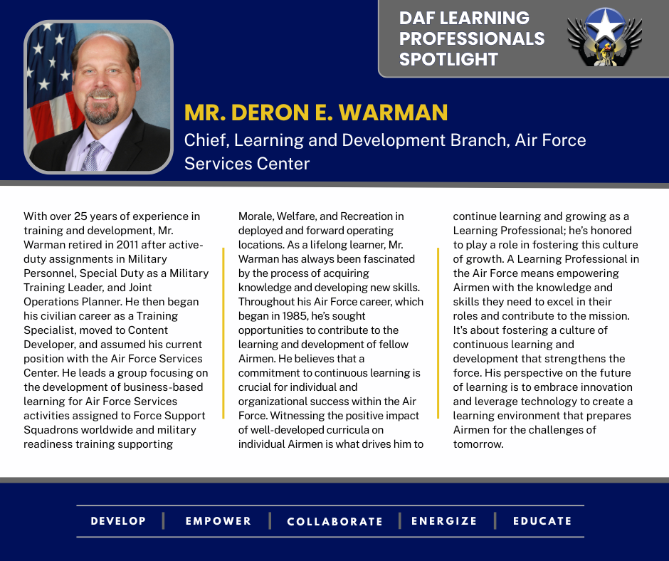 Card with text recognizing the May '25 LP Spotlight Mr. Deron Warman